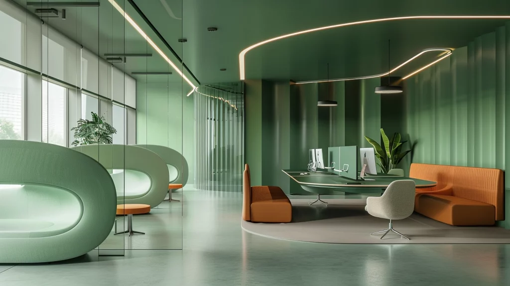 Oficina moderna con una combinación de verde y detalles naranjas, creando un ambiente equilibrado y dinámico en el diseño de oficinas