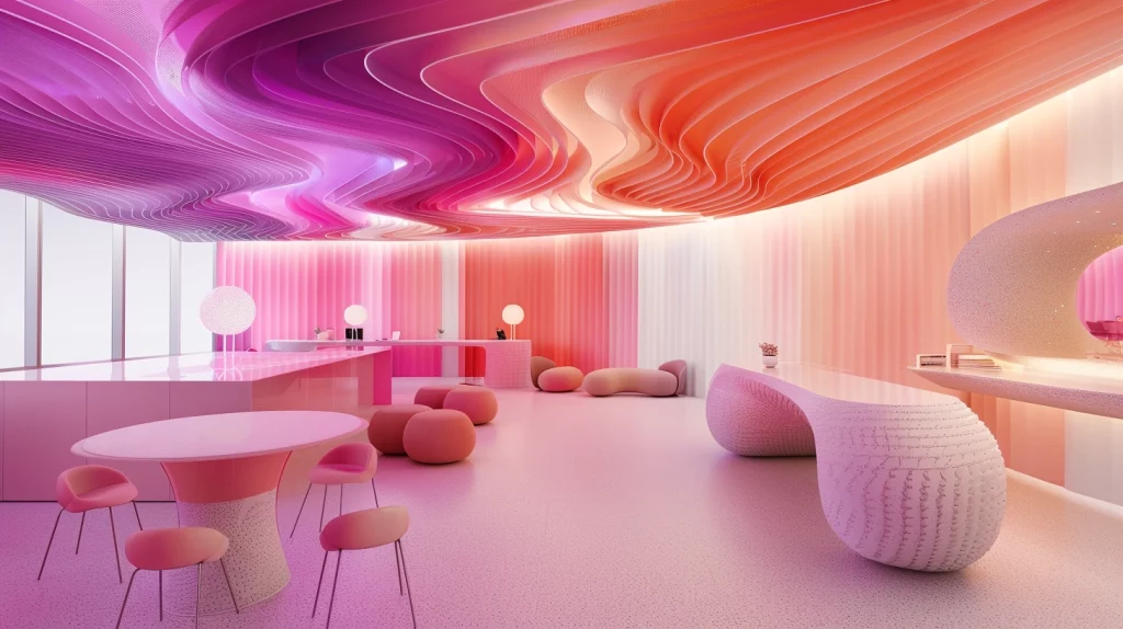 Oficina con paleta de colores cálidos, combinando el uso del color rosa y naranja para crear un ambiente acogedor y estimulante en el diseño de oficinas modernas.