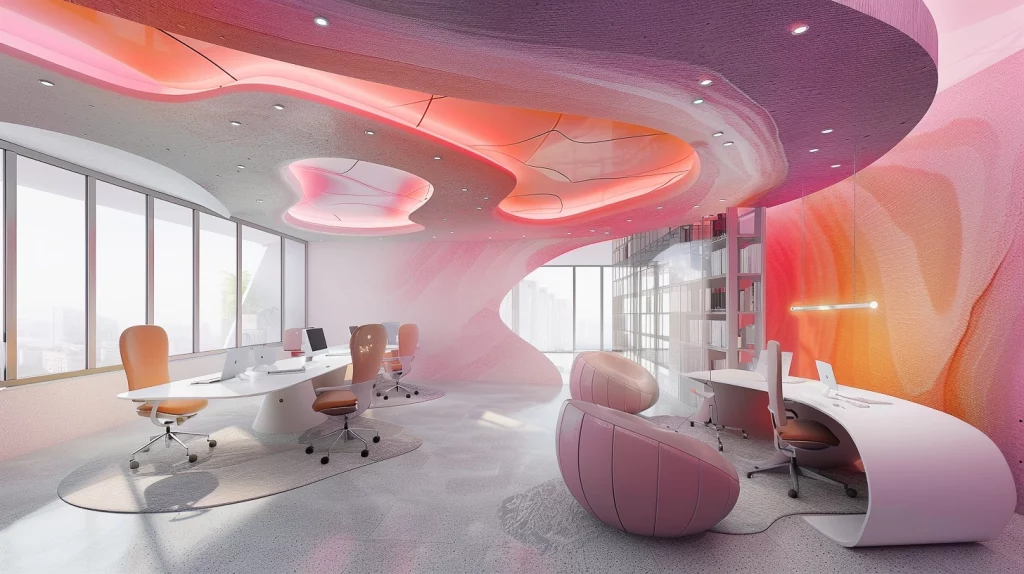 Oficina con paleta de colores cálidos, combinando el uso del color rosa y naranja para crear un ambiente acogedor y estimulante en el diseño de oficinas modernas.